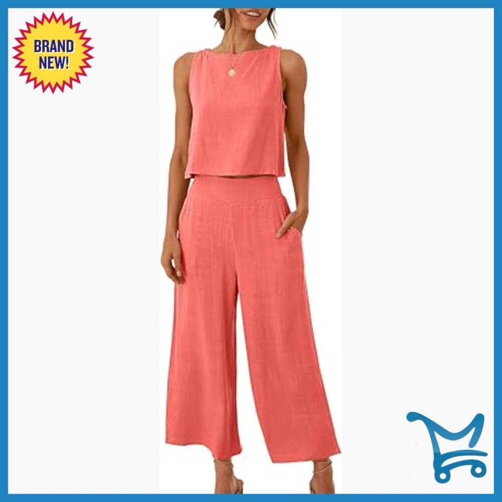 Linen Two-Piece Set with Crop Top and Wide Leg Pants for Summer